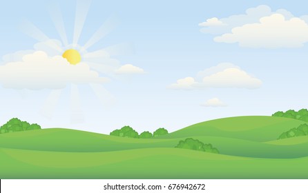 Green Valley Landscape in Summer Day.Hill Scenery with Sunlight On Cloudy Sky Vector Illustration.