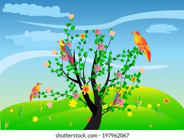 Green valley and tree with birds