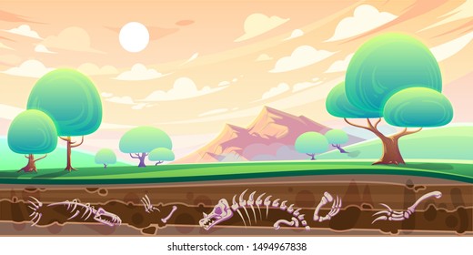 Green valley with trees and mountain landscape, underground cross section with layers of soil and fossils, skeletons of ancient dinosaurs, cartoon vector illustration