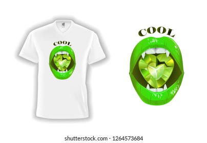 green vampire lips with a crystal on a white t-shirt