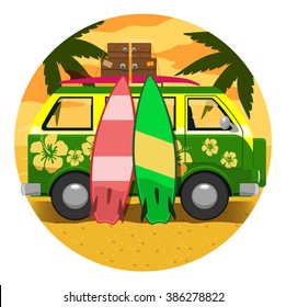 Green van vector illustration, vector surfing car icon