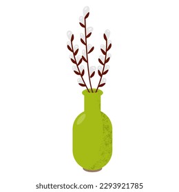 Green vase with 3 willow branches. Isolated flat cartoon image on white background.