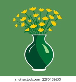 green vase with colored flowers on a green background