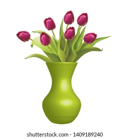 
green vase with flowers and flowers on a white background. vector illustration
