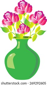 A green vase with red roses