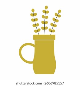 Green vase with sprig of houseplant on white background. Illustration of ceramics. element of interior of house.