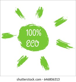 Green Vector 100% Eco and sun. For logo, healthy food illustrations, restaurant, badges, tags, cafe, packaging. Vegan icons.