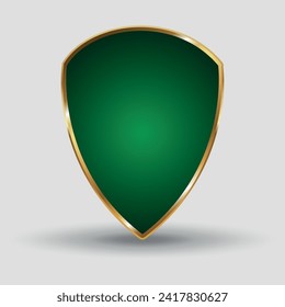 Green vector 3d shield in a golden frame on a grey background