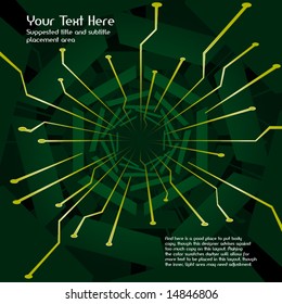 Green vector 3D tunnel background with circuitry and planes (text easily replaced with your own copy)