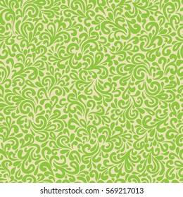 Green vector abstract hand drawn leafy doodle seamless pattern.