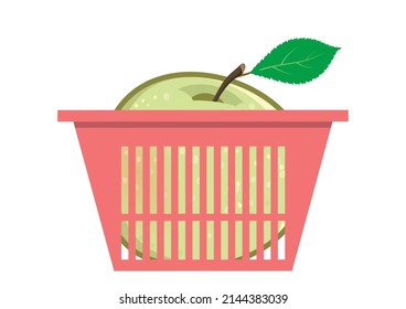 manzana vectorial verde con una hoja en una canasta de comestibles. Frutos jugosos aislados en blanco