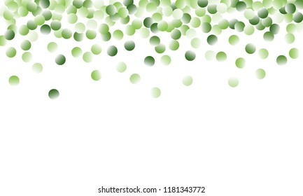Green Vector Background. Green circles on white horizontal background. Vector green confetti splash on white background. Spring background. Circles green confetti fall from top to bottom.