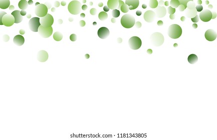 Green Vector Background. Green circles on white horizontal background. Vector green confetti splash on white background. Spring background. Circles green confetti fall from top to bottom.