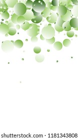 Green Vector Background. Green circles on white vertical background. Vector green confetti splash on white background. Spring background. Circles green confetti fall from top to bottom.