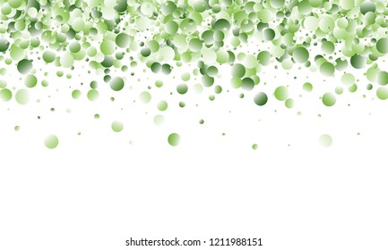 Green Vector Background. Green circles on white horizontal background. Vector green confetti splash on white background. Spring background. Circles green confetti fall from top to bottom.