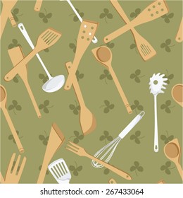 Green vector background decorated with kitchen utensils