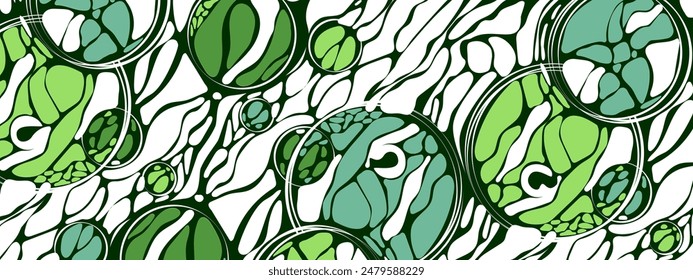 Green vector background. Design plex of chaotic circles, spheres, lines. Clean ecology. Green world. Texture of network. Space algae pattern. Poster for presentations, business, and science.