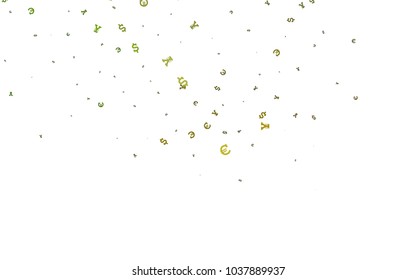 Green vector background with Euro, Dollar, Yen. Colored symbols of all currency on white background. The pattern can be used for financial, investment websites.