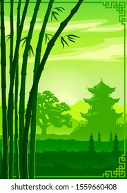 Green vector background, illustration, Asia, China temple and bamboo