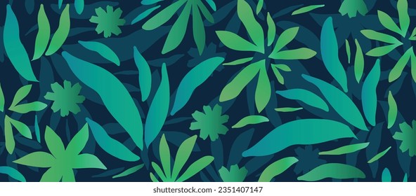 Green vector background with scattered abstract leaves, flowers and other botanical elements. Random cutout tropical foliage collage, ornamental texture, cute decorative pattern