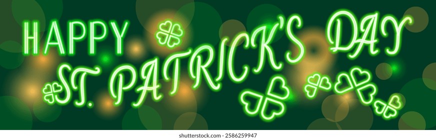 Green vector background for St. Patrick's Day. Neon glowing letters, clover and sparkles. Celebrating an Irish holiday. Vector
