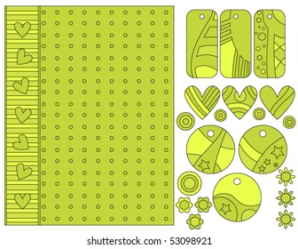 Green vector background, tags, hearts and flowers