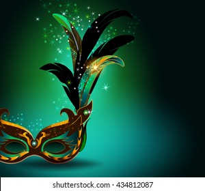 The green vector background template with carnival mask decorated with feathers.