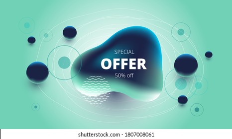 
banner de vector verde con gotas líquidas y oferta especial de letras
