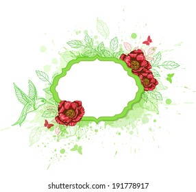Green vector  banner with red peony and bird