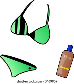 Green Vector Bathing Suit with Illustration sun tan lotion (sunscreen)