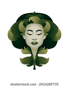 Green vector beautiful oriental woman with leaves of different sizes and her eyes are closed.