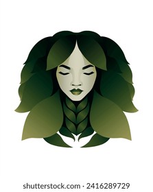 Green vector beautiful woman with leaves of different big sizes and her eyes are closed.