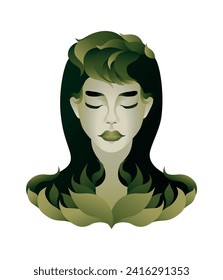 Vector verde hermosa mujer con hojas de diferentes tamaños y sus ojos cerrados.