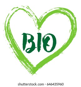 Green Vector Bio and heart. For logo, healthy food illustrations, restaurant, badges, tags, cafe, packaging. Vegan icons.