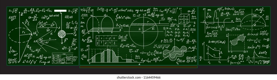 Green vector blackboard with handwritten math formulas, figures and calculations