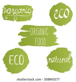 Green Vector Brush Strokes Stains for logos, icons, banners, design elements, logotypes, badges, labels.  Organic, ecology natural and bio  templates. Hand  painted textures.