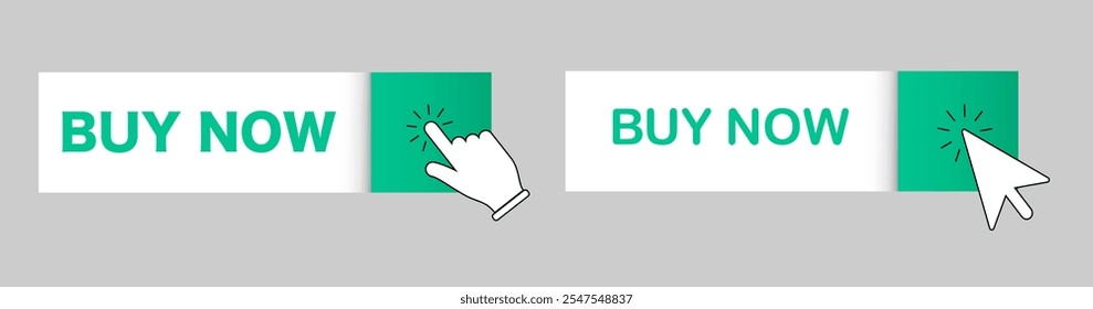 Green vector Buy Now button featuring text and a shopping trolley icon in the center, isolated on a white background.