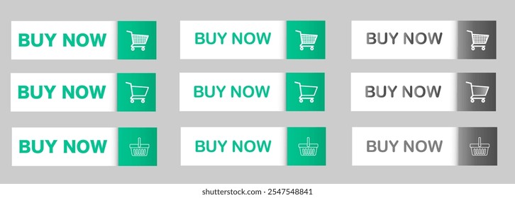 Green vector Buy Now button featuring text and a shopping trolley icon in the center, isolated on a white background.