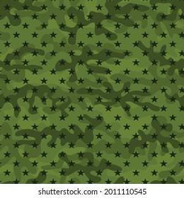 Green vector camouflage pattern with stars. Seamless pattern for factories. Vector illustration.