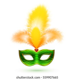 Green vector carnival mask with yellow feathers