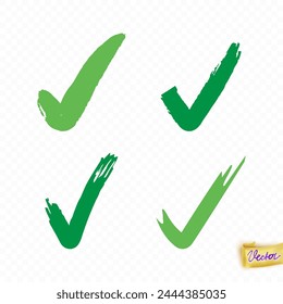 Green vector check mark set made in hand drawn style isolated on transparent background