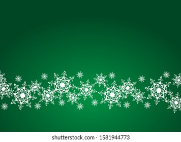 Green vector Christmas background with white snowflakes for greeting card or banner