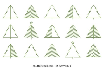 Grüner Vektor Weihnachtsbaum lineare Symbole auf weißem Hintergrund gesetzt. Vektorgrafik.