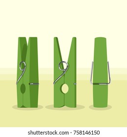 green Vector  clothespins from three side on ocher background. great 3d object for your poster 