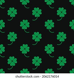 Green vector clover leaf on black seamless background, patrick's day.