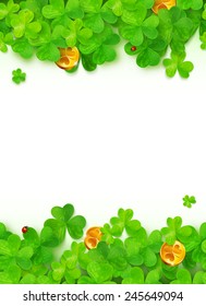 Green vector clovers with golden coins on white background