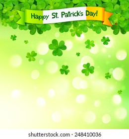 Green vector clovers on shining bokeh effect background with Irish flag label with sign Happy St. Patrick's day!
