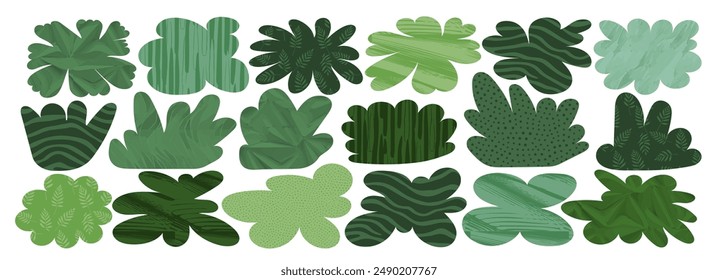 Green vector collage of tree bush and plant. Top view of a grove, shrub, landscape element. Abstract jungle illustration with flat aerial view. Simple silhouette of leaves, grass, and foliage