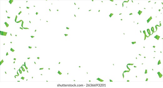 Green Vector confetti png. Falling colorful confetti. Confetti, serpentine, tinsel. Festive decoration, birthday, Green confetti falls from the sky, streamer, tinsel on a White background.