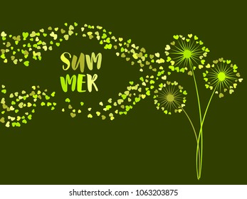 Green vector dandelion herbs, meadow flowers illustration. Floral airy background with dandelion blowing plant. Summer flowers with heart shaped feather flying. Abstract flying heart petals.